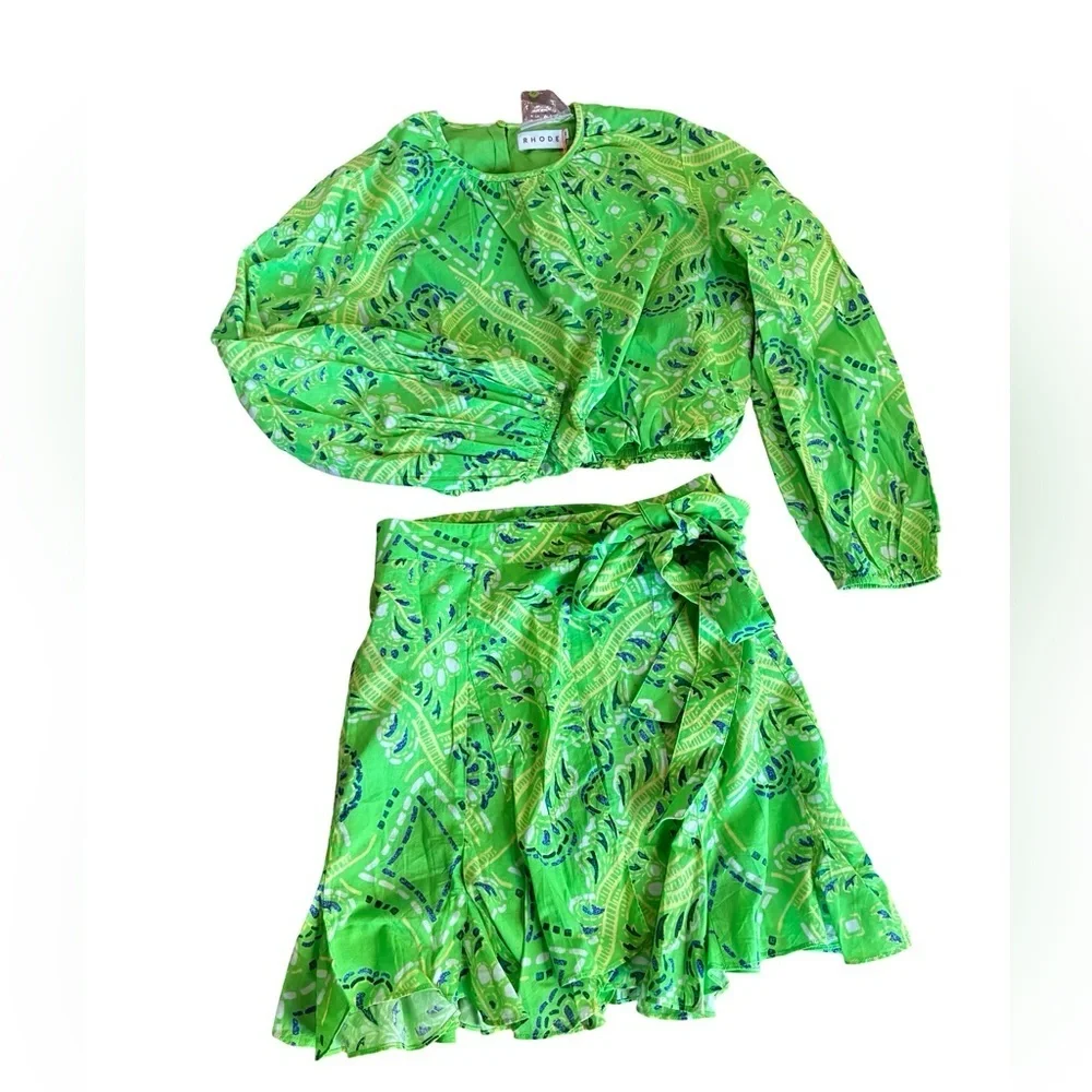 NWT RHODE Azure Top & Willow Skirt in Lime Diamond Stitch Puff Sleeve Paisley - Picture 5 of 15